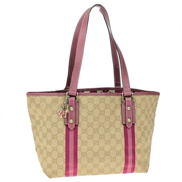 GUCCI Logo GG Pattern Shoulder Tote Bag Canvas Leather Brown Pink Italy - Picture 1 of 16